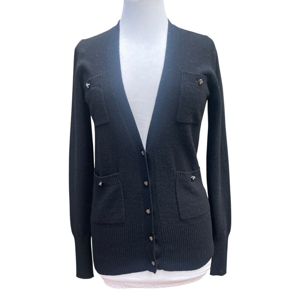 Tory Burch 100% Cashmere V-Neck Cardigan XS Black | Logo Buttons | 4 Pockets
